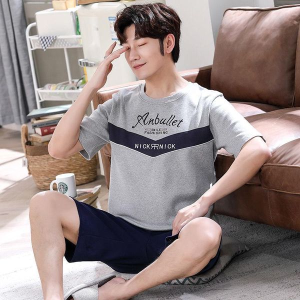 

men's sleepwear casual thin pajamas with plaid shorts breathable pajama sets summer 100% cotton for men fashion letter print, Black;brown
