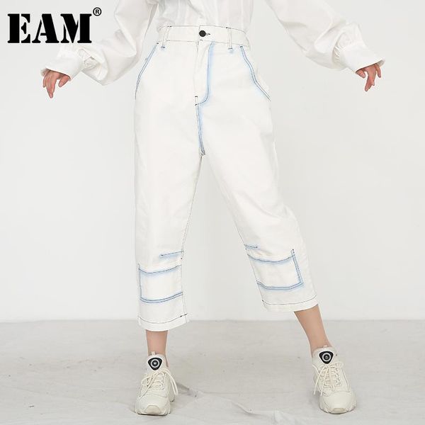 

women's pants & capris [eam] high waist white printed spliced long leisure wide leg trousers loose women fashion spring summer 2021 1w0, Black;white