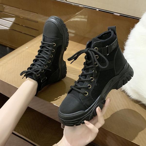 

boots 2021 fashion women ankle boot platform thick bottom buckle strap ladies shoe cloth patchwork pu leather lace up non slip autumn, Black