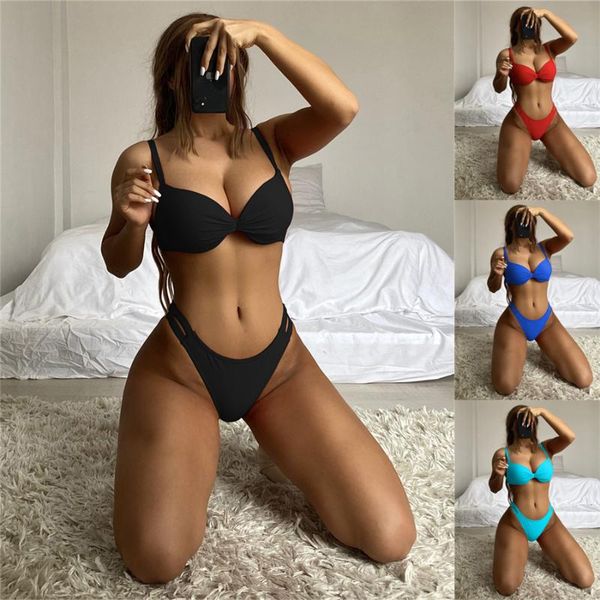 

women's swimwear solid pleated bikini sets swimsuit women two pieces 2022 high waist push up bikinis female beach bathing suits, White;black