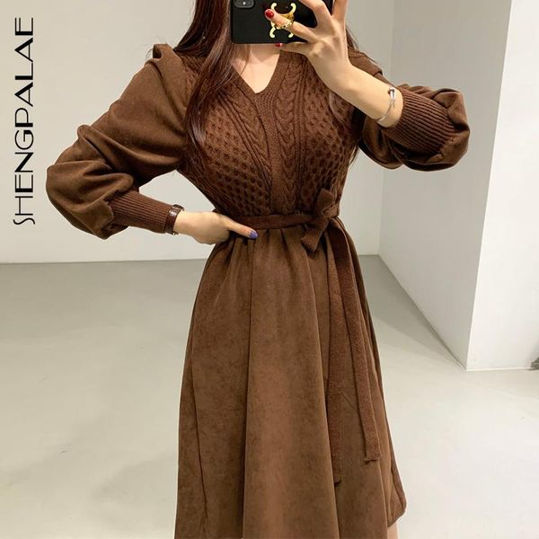 

shengpllae 2021 korean chic spring women's vntage v-neck knitted lace up waistband bubble sleeve knee-length sweater dress 5a263, Black;gray