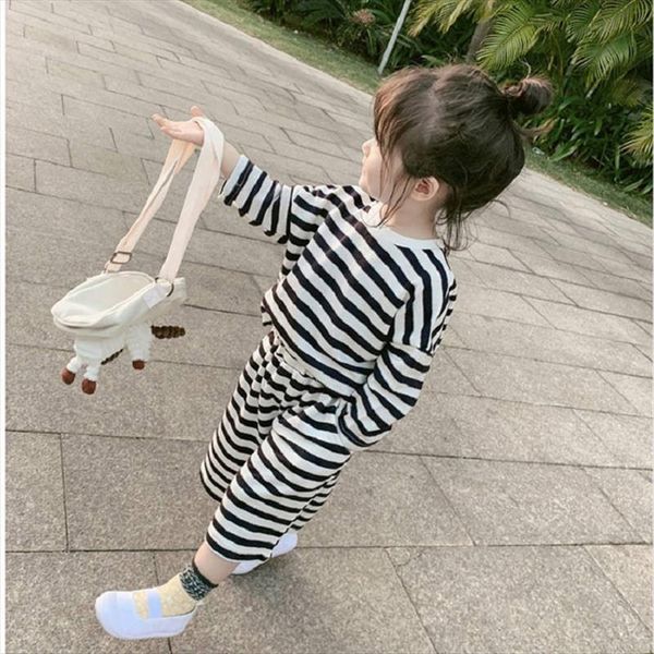 

branded girls autumn casual suit baby kids children stripe clothing set including pant 2pcs, White