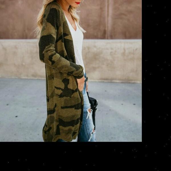 

womens spring leopard camouflage kimono cardigan open front boho camo long sleeve long coat jacket top, White