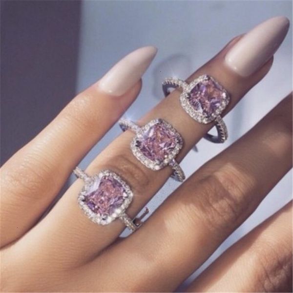 

handmade fashion ring 925 sterling silver 5a pink cz stone engagement wedding band rings for women men party jewelry gift, Slivery;golden