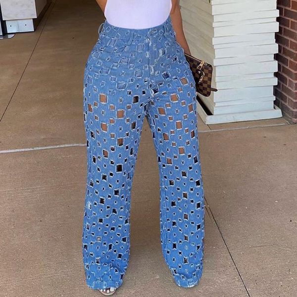 

women's jeans hollow out ripped loose denim pants high waist summer female wide leg women plus size, Blue