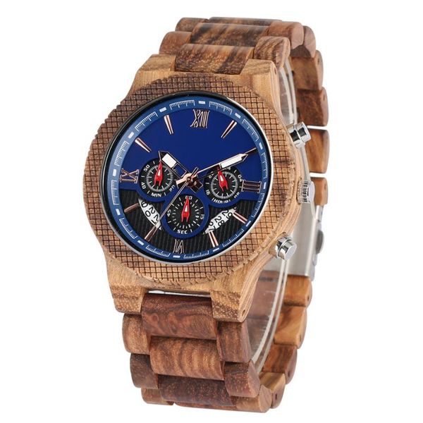 Armbanduhren Braun Holz Herrenuhr Chronograph Zifferblatt Kalenderanzeige Faltschließe Vollholzarmband Mode 2021 Quarz Männliche Uhr