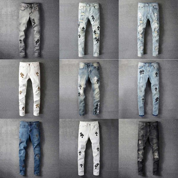 

21ss mens designer jeans distressed ripped bikers slim fit motorcycle biker denim for men s fashion mans black pants cross decoration jean, Blue
