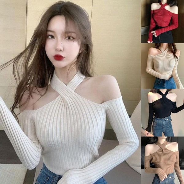 

women's sweaters women long sleeve cold shoulder halter ribbed pullover knitwear slim blouse soft warm pull femme, White;black