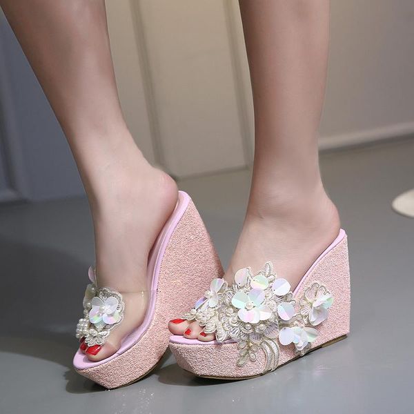 

slippers string bead on a wedge shoes woman 2021 med heels jelly slides platform flower high transparent floral pu bling basic s, Black