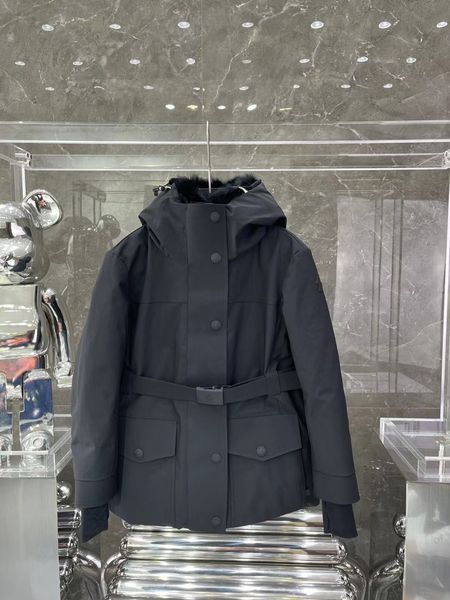 

women nylon short down jacket zipper closure pockets belt thick warm coat classic designer woman fur hood winter loose long outwear, Black
