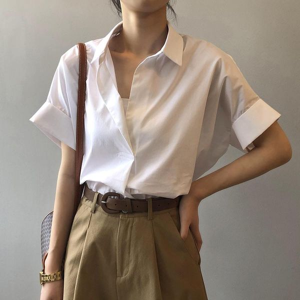 

women's blouses & shirts summer shirt women fashion woman 2021 elegant korean style short sleeve loose turn-down collar clothing female, White