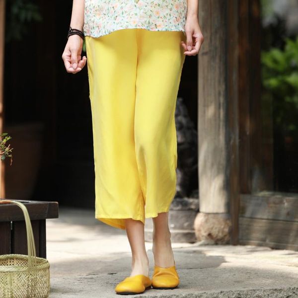 

women's pants & capris women cupro elastic waist wide leg ladies loose solid color vintage soft fabric trousers summer female 2021, Black;white