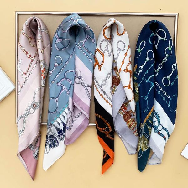 

scarves real silk 100% mulberry scarf square head women vintage chain hijab female shawl&wraps 2021, Blue;gray