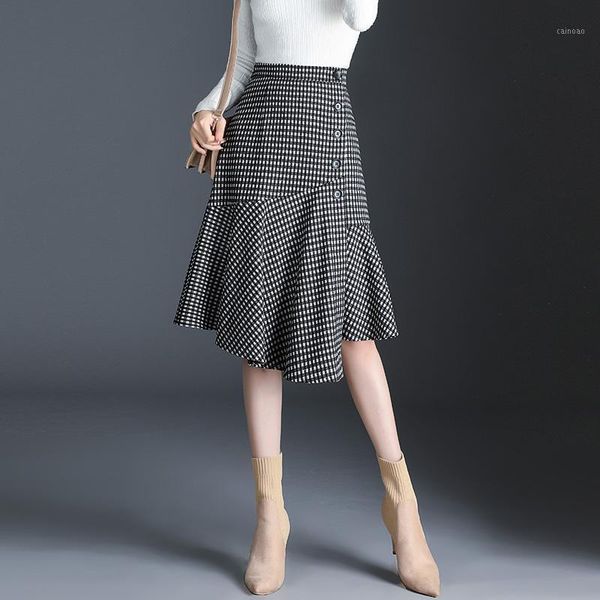 

skirts 2021 knit mid long women black white grid high waist asymmetry skirt s-3xl plus size fall winter irregular