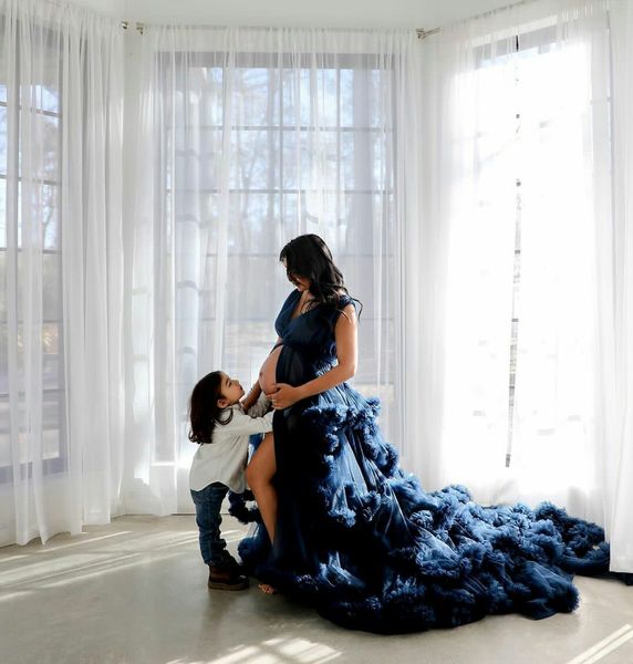 

ruffles navy tulle kimono women dress robe for pshoot extra puffy sleeves prom gowns african cape cloak maternity dress pgraphy, Black