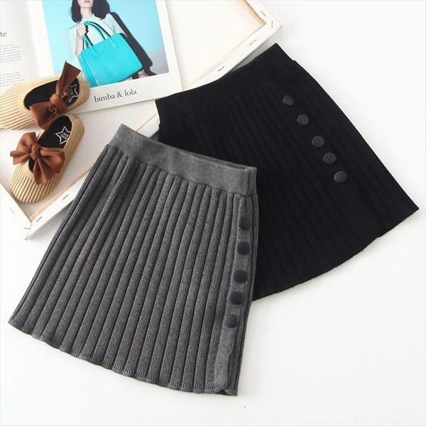 

winter high waist student pleated women skirt girls button knitted warm straight dance solid casual girl, Blue