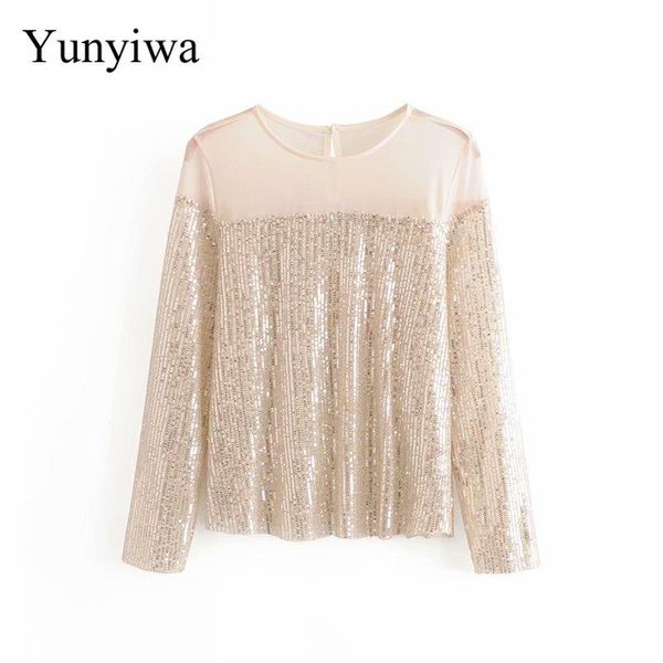 

women's blouses & shirts 2021 women elegant mesh patchwork sequins blouse chic basic long sleeve casual shirt brand feminina blusas, White