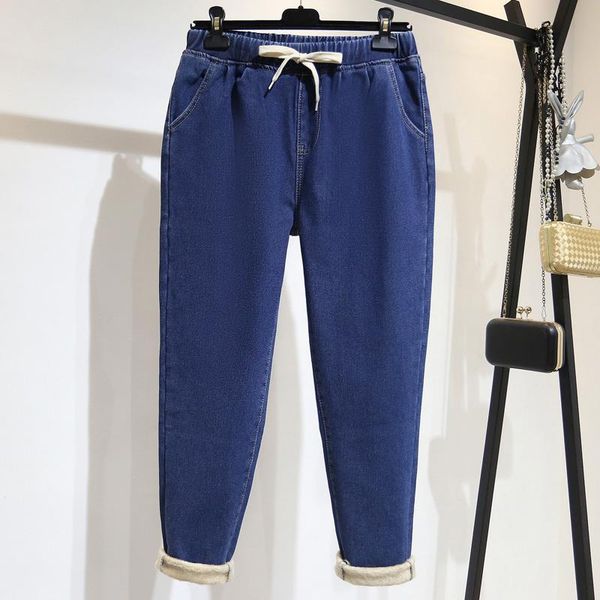 

2021 winter plus velvet jeans for womenthickening denim pants high waist warm trousers female jeans woman pants plus size 5xl, Blue