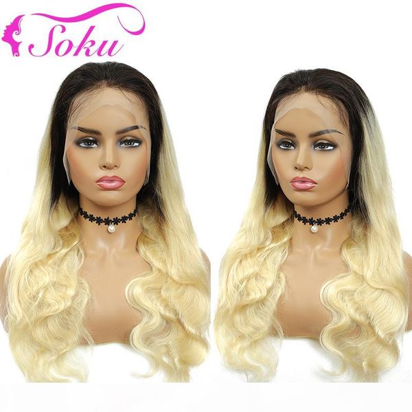

t1b-613 ombre blonde body wave lace front human hair wigs soku brazilian pre plucked lace wig for women 150% density wig, Black;brown