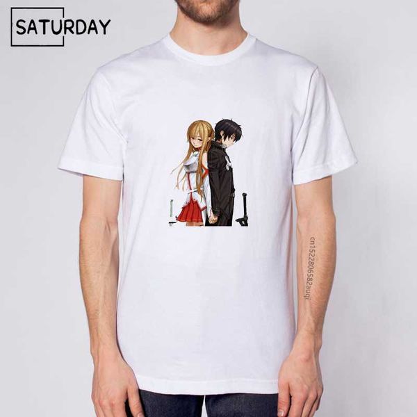 

men's t-shirts 2021 fashion cool sword art onl men white print t-shirt confortable clothes plus size casual tee,drop, White;black