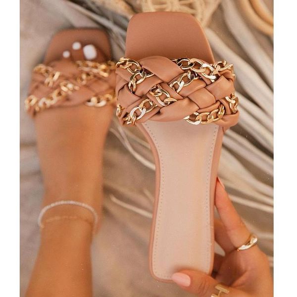 

slippers 2021 fashion summer roman style cross chain square toe open solid color flat outdoor female, Black