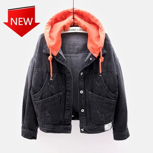 

single-breasted female denim casual fashion denim jacket 2021 new detachable hooded women coat short outerwear, Black;brown