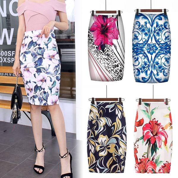 Digital gedruckter Bleistiftrock für Frauen Faldas Mujer Moda Floral Bleistift Sommer Midi Rock Damen Röcke Weiblich Falda Mujer 210309