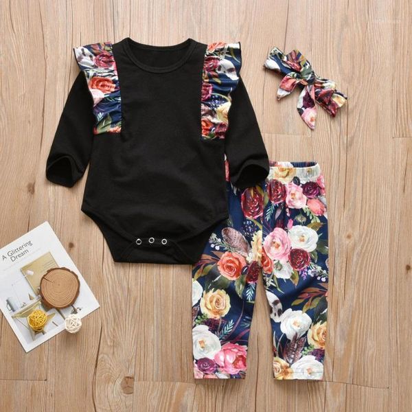 

clothing sets 3pcs born baby girl clothes set flutter ruffle romper+casual floral pants+headband infant girls toddler outfits1, White