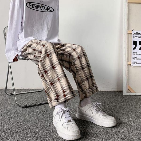 

men's pants men plaid loose comfortable retro casual all-match elastic waist chic wide leg trousers fashion streetwear korean style, Black