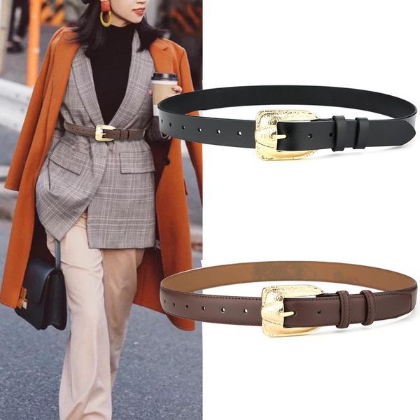 

belts fashion trend retro ladies leather accessories decoration wild casual big gold buckle pin belt, Black;brown