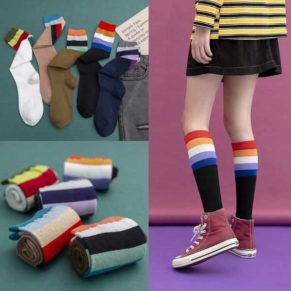 

socks & hosiery cotton breathable stockings woman's individuality knee-high middle tube with rainbow stripes for sports street ., Black;white