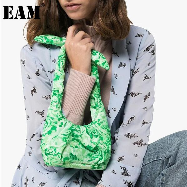

shoulder bags [eam] women green print bows handbag small nylon personality all-match crossbody bag fashion tide 2021 18a1492
