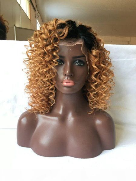 

ombre afro kinky curly brazilian full lace human hair wig ombre #1b 27 front lace wigs curly human hair wig for black women, Black;brown