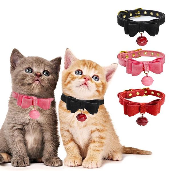 

cat collars & leads pu leather bowknot collar with bells pet kitty adjustable necklace for small dog puppy kitten accessories pets