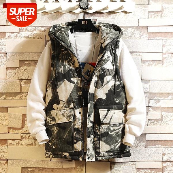 

2020 Autumn Spring Sleeveless Jacket Down Vest Men's Warm Camouflage Thick Hooded Coats Padded Waistcoat Plus OverSized 5XL #Eq7T, Black;white