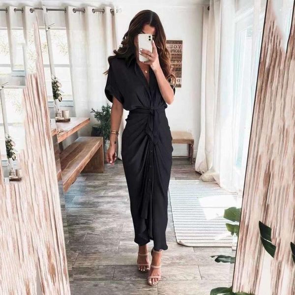 

casual dresses womens silk v neck elegant long dress short sleeve satin for women 2021 summer party wrinkle office maxi, Black;gray