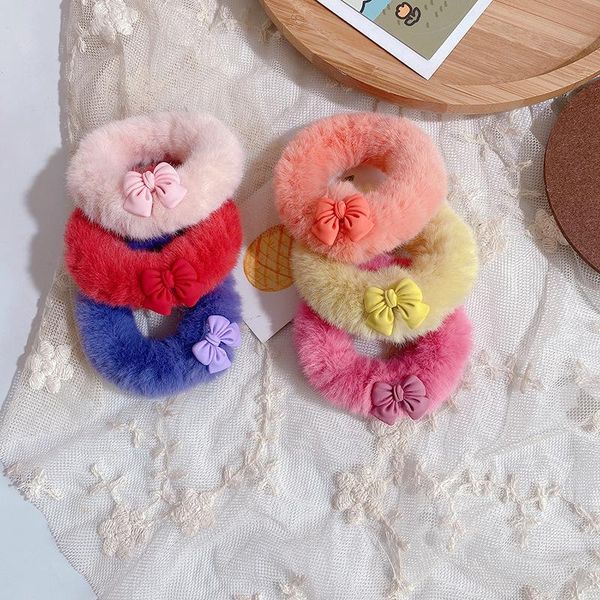 

autumn and winter new candy colorcute bow plush rubber band hair rope sweet girl children fashion ponytail hair accessories, Slivery;white