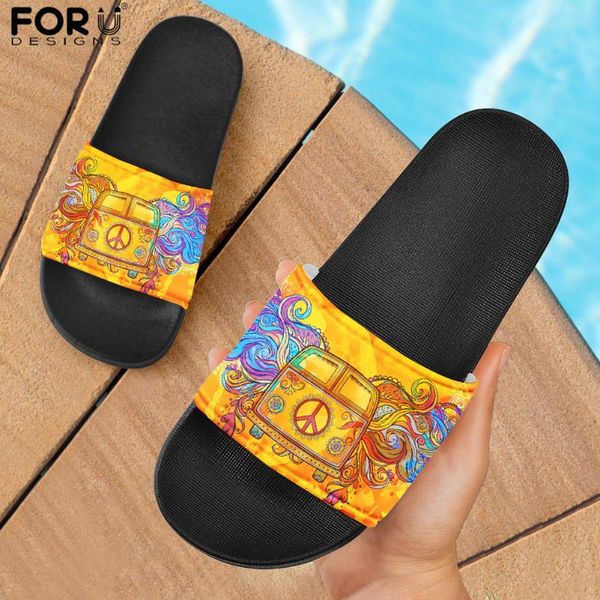 

forudesigns hippies school bus women summer slippers women's shoes indoor bathroom slide slipper beach flip flops zapatillas, Black