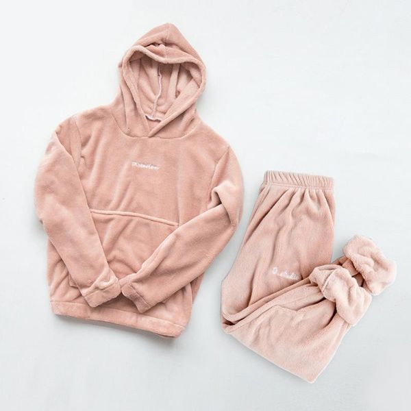 

winter flannel pajama women long sleeve loose sweatshirts pants sets elastic waist thick warm sleepwear homewear lounge wear, Black;red