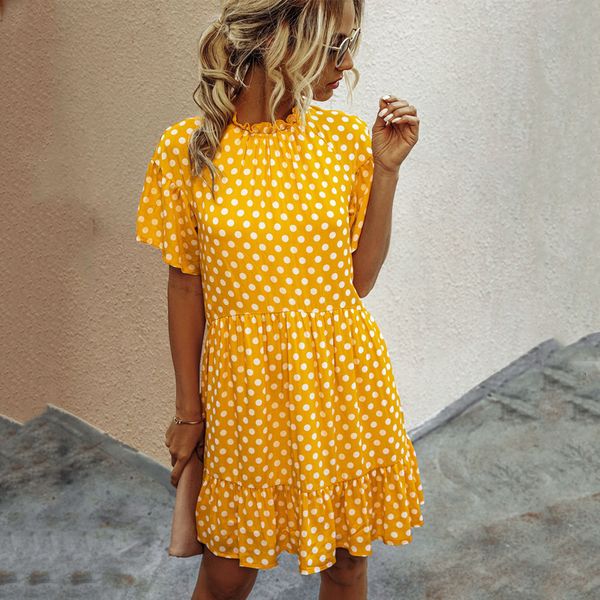 

2021 new polka dot print ruffle women casual pleated o neck short sleeve summer loose beach dresses vintage ladies party mini dress m19g, Black;gray