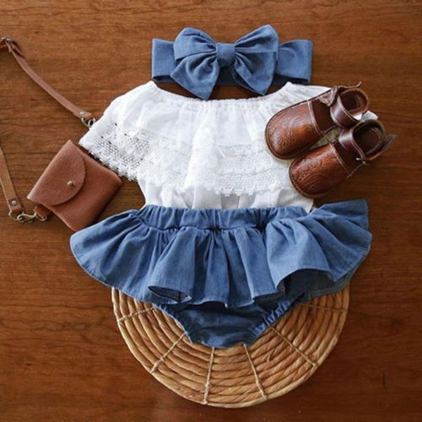 

clothing sets born baby girl outfit lace ruffled sleeveless shirt +jeans short dress+headband casual summer girls 3pcs clothes set, White