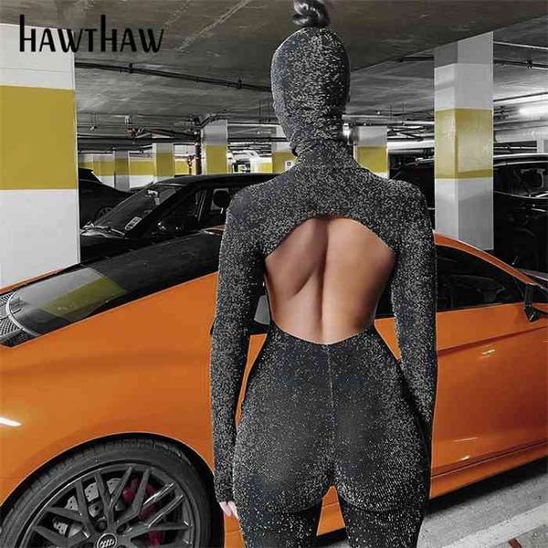 

hawthaw women autumn winter long sleeve backless bodycon soild color black jumpsuit romper playsuit fall clothes streetwear, Black;white