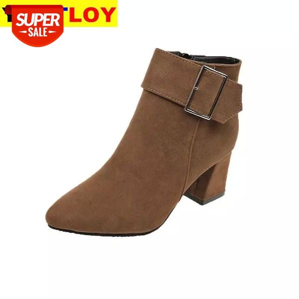

2020 winter shoes buckle ankle boots woman snow shoes faux suede booties pointed toe bare boots chunky heels size 35-40 #lz31, Black