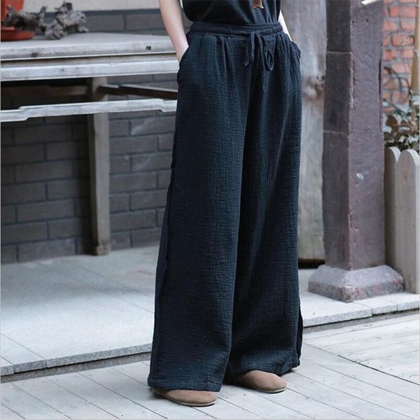 

cotton linen straight long summer women capri drawstring wide leg vintage solid simple plus size  7xl, Black;white