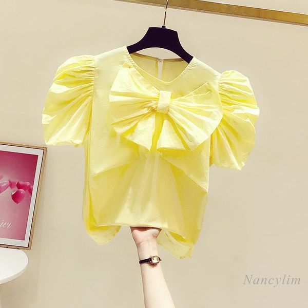 

women's blouses & shirts fashion puff sleeve women three-dimensional bow split round-neck yellow 2021 summer casual lady top, White