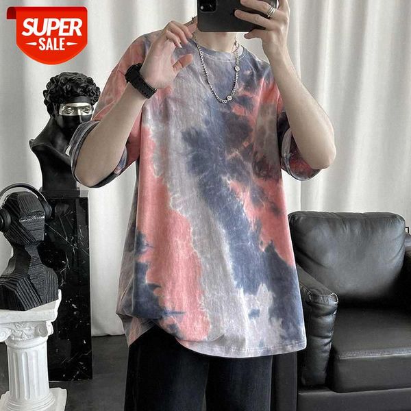 

tie-dye printed round neck short-sleeved shirt men's half-sleeved t-shirt all-match hong kong style #ph8w, White;black