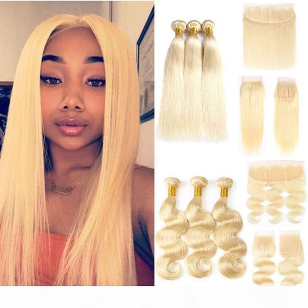 

613 blonde extensions with ear to ear frontal straight blonde virgin human hair weave 3 bundles with closure peruvian light blonde, Black;brown