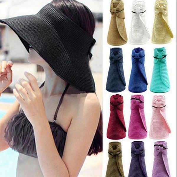 

new fashion women lady foldable roll up sun beach wide brim straw visor hat cap foldable summer beach cap 11 colors, Black;white