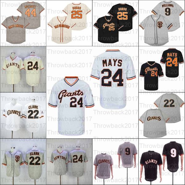 

retro baseball 1951 and 1962 home jersey 44 mccovey 25 bonds 24 mays 22 clark 9 williams white black grey, Blue;black