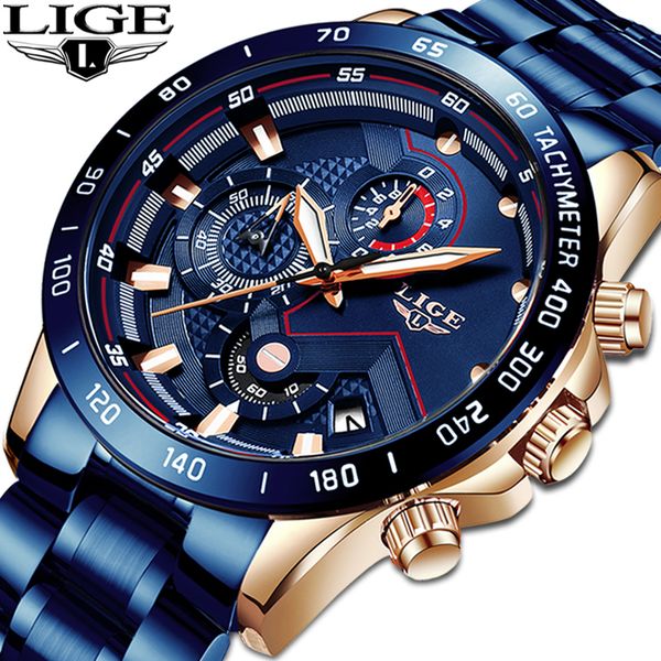 

lige business men watch luxury brand blue stainless steel wrist watch chronograph army military quartz watches relogio masculinog, Slivery;brown